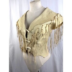 Vintage Leather Fringe Vest Jacket Beaded Western Cropped Festival Boho S